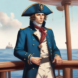 An illustration of a 20-30 year old captain at sea wearing a blue coat and a tricorne that are both trimmed with light red