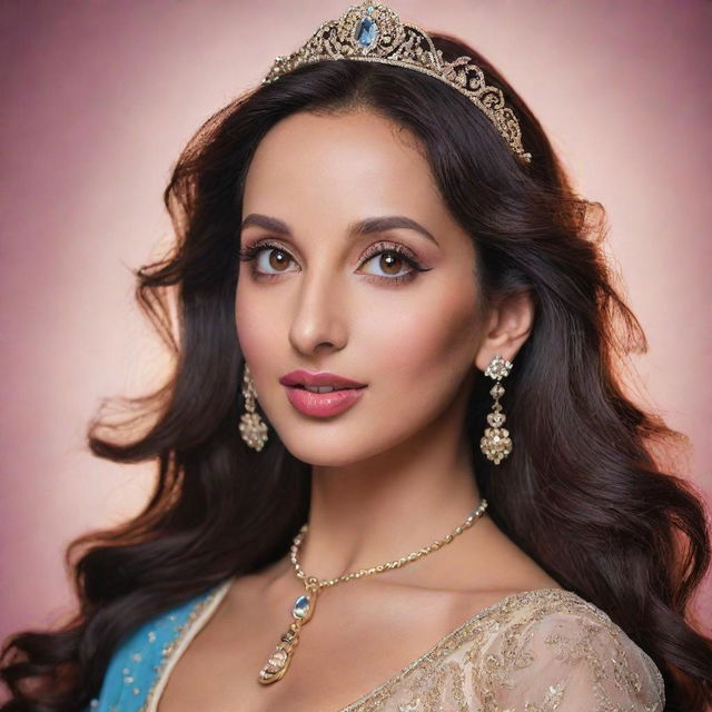 A portrait of Nora Fatehi depicted in Disney style, capturing her distinctive features infused with Disney charm.