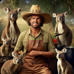 Exaggerated character concept: A man that embodies all things stereotypically Australian to an implausible degree, with khaki bush attire, cork hat, BBQ chef tools, surrounded by kangaroos and koalas.