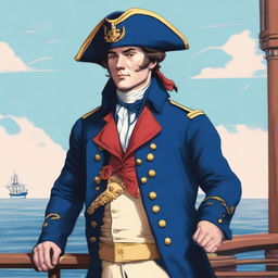 An illustration of a 20-30 year old captain at sea wearing a blue coat and a tricorne that are both trimmed with light red