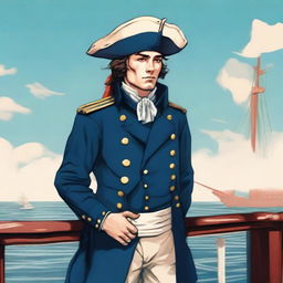 An illustration of a 20-30 year old captain at sea wearing a blue coat and a tricorne that are both trimmed with light red