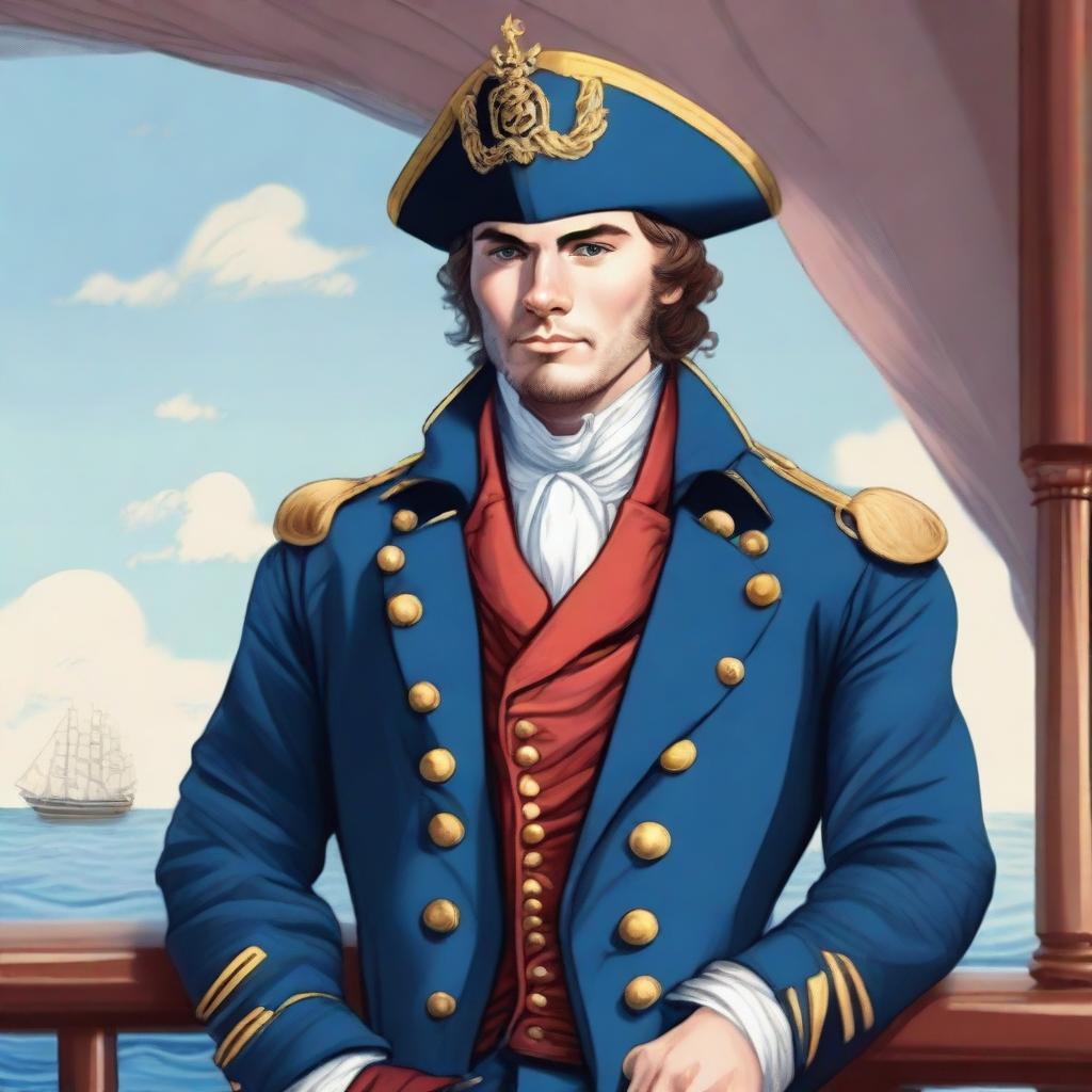 An illustration of a 20-30 year old captain at sea wearing a blue coat and a tricorne that are both trimmed with light red