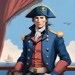 An illustration of a 20-30 year old captain at sea wearing a blue coat and a tricorne that are both trimmed with light red