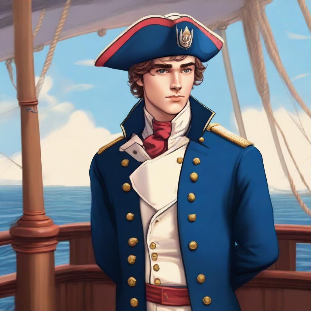 Illustration of a 20 year old captain at sea wearing a blue coat and a tricorne that are both trimmed with light red