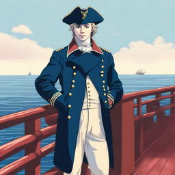 Illustration of a 20 year old captain at sea wearing a blue coat and a tricorne that are both trimmed with light red