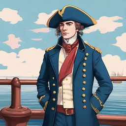 Illustration of a 20 year old captain at sea wearing a blue coat and a tricorne that are both trimmed with light red