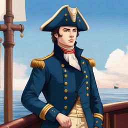 Illustration of a 20 year old captain at sea wearing a blue coat and a tricorne that are both trimmed with light red