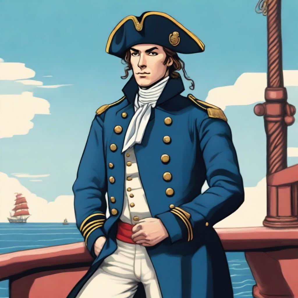 Illustration of a 25 year old captain at sea wearing a blue coat and a tricorne that are both trimmed with light red