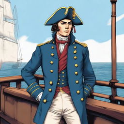 Illustration of a 25 year old captain at sea wearing a blue coat and a tricorne that are both trimmed with light red