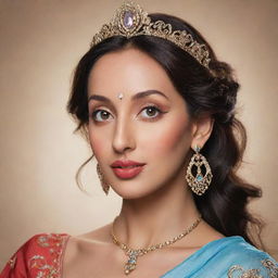 A portrait of Nora Fatehi depicted in Disney style, capturing her distinctive features infused with Disney charm.