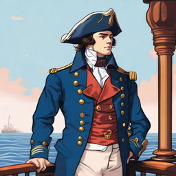 Illustration of a 25 year old captain at sea wearing a blue coat and a tricorne that are both trimmed with light red