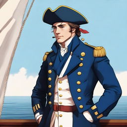 Illustration of a 25 year old captain at sea wearing a blue coat and a tricorne that are both trimmed with light red