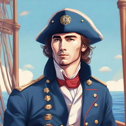 Illustration of a 25 year old captain at sea wearing a blue coat and a tricorne that are both trimmed with light red