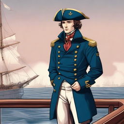 Illustration of a 25 year old captain at sea wearing a blue coat and a tricorne that are both trimmed with light red