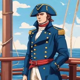 Illustration of a 25 year old captain at sea wearing a blue coat and a tricorne that are both trimmed with light red