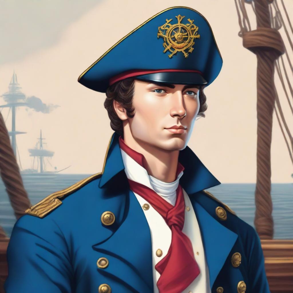 Illustration of a 25 year old captain at sea wearing a blue coat and a tricorne that are both trimmed with light red