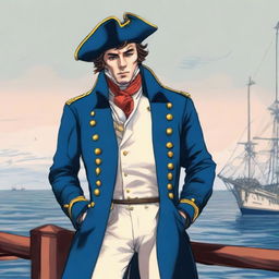 Illustration of a 27 year old captain at sea wearing a blue coat and a tricorne that are both trimmed with light red