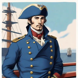 Illustration of a 27 year old captain at sea wearing a blue coat and a tricorne that are both trimmed with light red