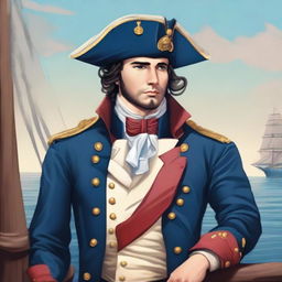 Illustration of a 27 year old captain at sea wearing a blue coat and a tricorne that are both trimmed with light red