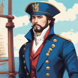 Illustration of a 27 year old captain at sea wearing a blue coat and a tricorne that are both trimmed with light red