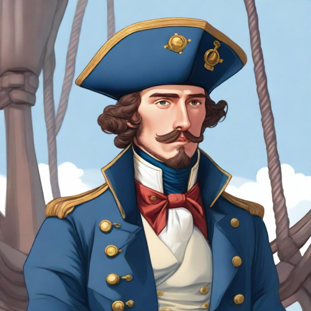 An illustration of a 27 year old captain at sea wearing a blue coat and a tricorne that are both trimmed with light red