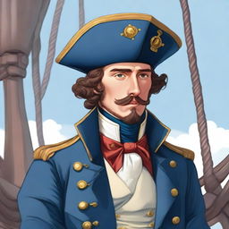 An illustration of a 27 year old captain at sea wearing a blue coat and a tricorne that are both trimmed with light red