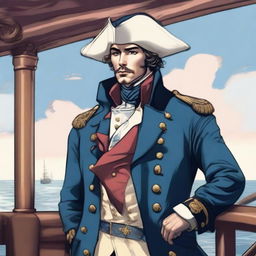 An illustration of a 27 year old captain at sea wearing a blue coat and a tricorne that are both trimmed with light red