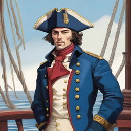 An illustration of a 27 year old captain at sea wearing a blue coat and a tricorne that are both trimmed with light red