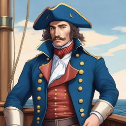 An illustration of a 27 year old captain at sea wearing a blue coat and a tricorne that are both trimmed with light red