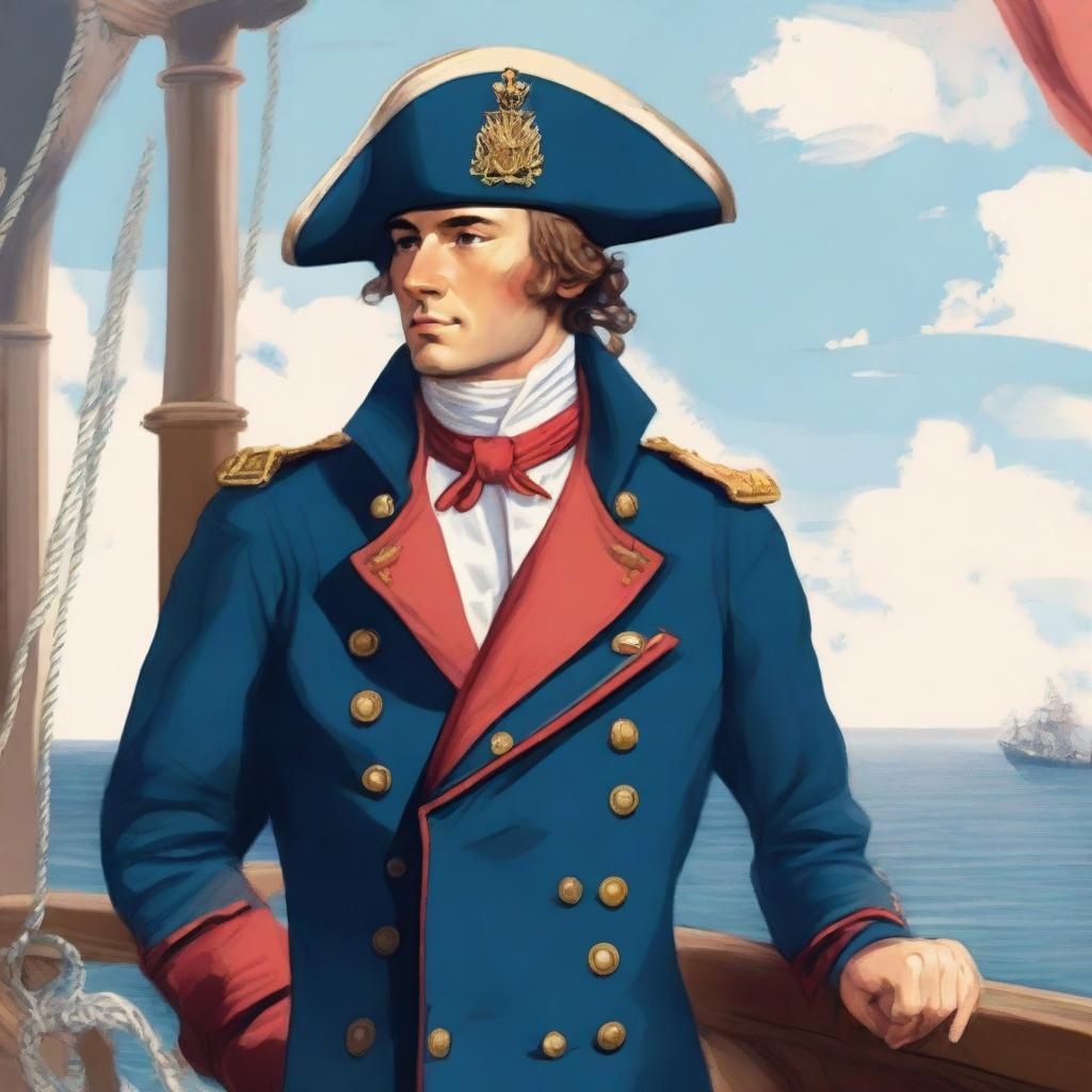 An illustration of a young captain at sea wearing a blue coat and a tricorne that are both trimmed with light red