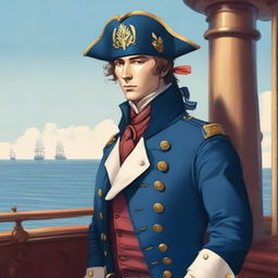 An illustration of a young captain at sea wearing a blue coat and a tricorne that are both trimmed with light red