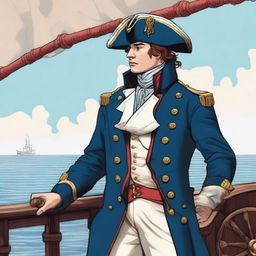 An illustration of a young captain at sea wearing a blue coat and a tricorne that are both trimmed with light red