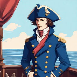 An illustration of a young captain at sea wearing a blue coat and a tricorne that are both trimmed with light red