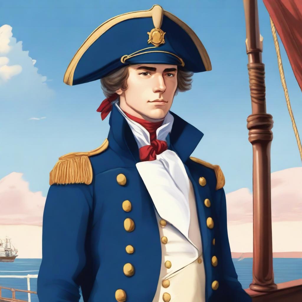 Illustration of a young captain at sea wearing a blue coat and a tricorne that are both trimmed with light red