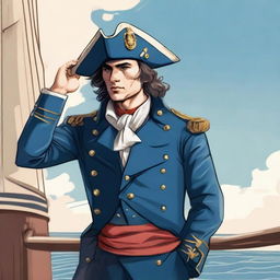 Illustration of a young captain at sea wearing a blue coat and a tricorne that are both trimmed with light red