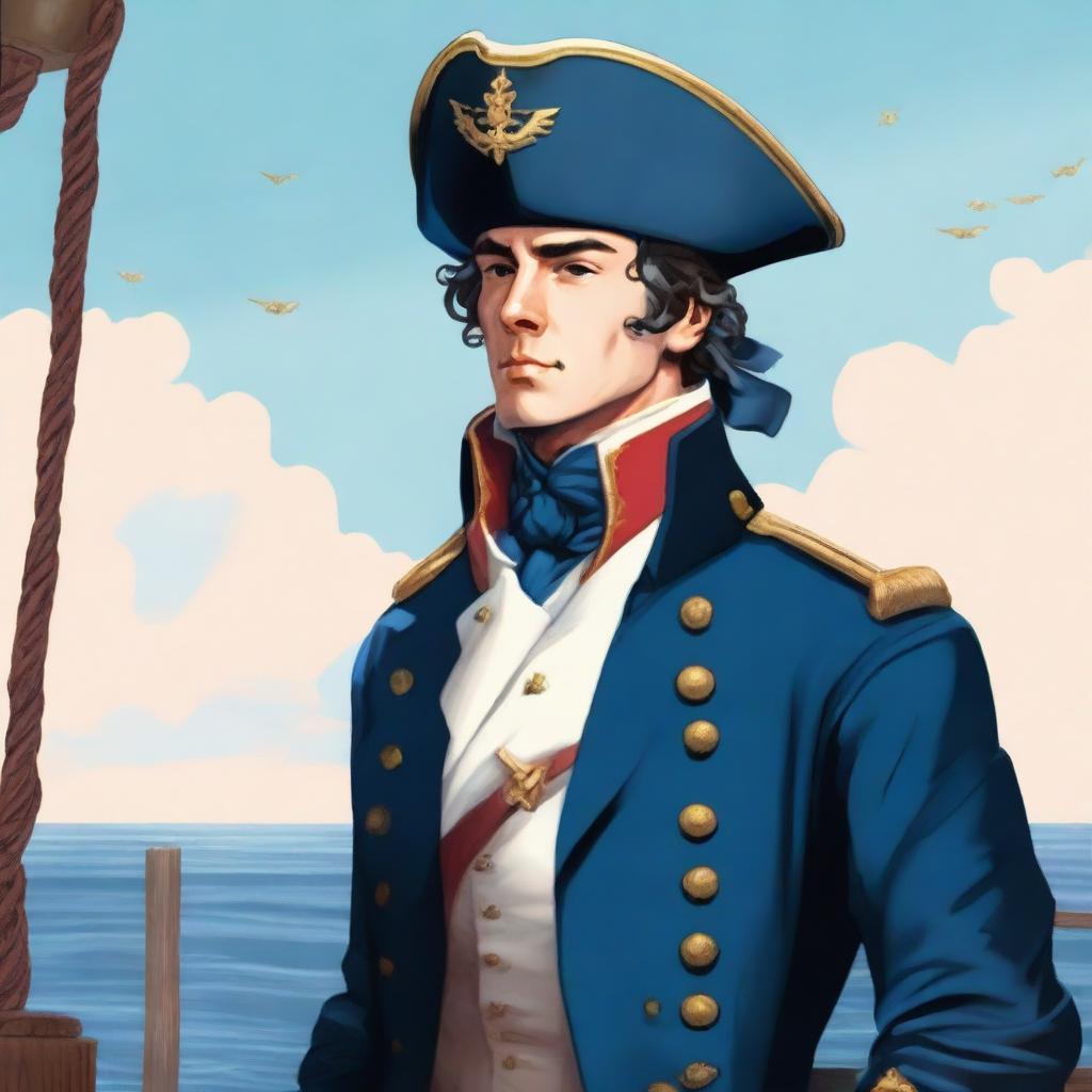 Illustration of a young captain at sea wearing a blue coat and a tricorne that are both trimmed with light red