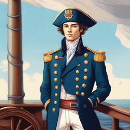 Illustration of a young captain at sea wearing a blue coat and a tricorne that are both trimmed with light red