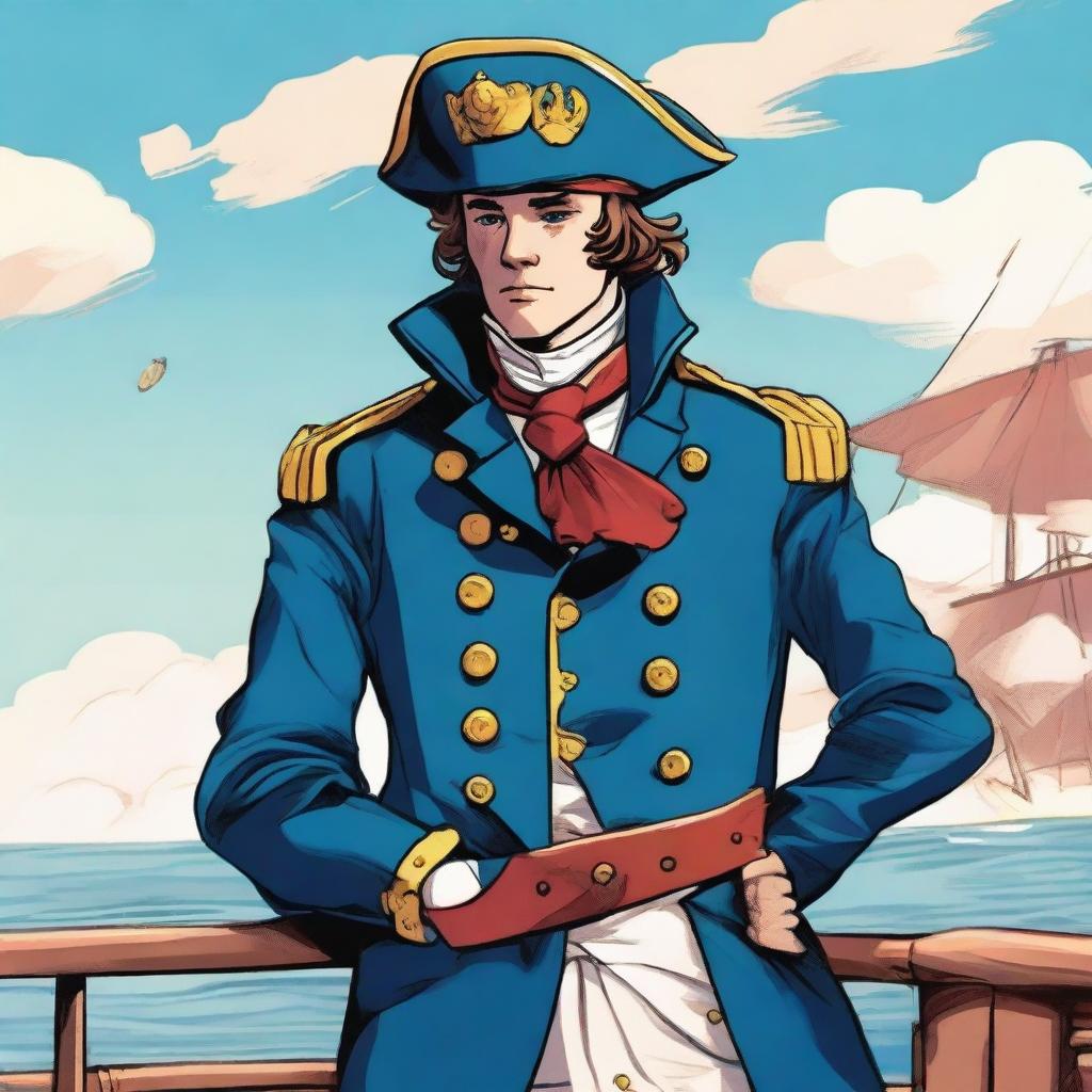 Illustration of a young captain at sea wearing a blue coat and a tricorne that are both trimmed with light red