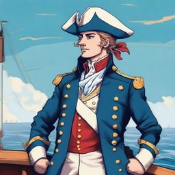 Illustration of a young captain at sea wearing a blue coat and a tricorne that are both trimmed with light red