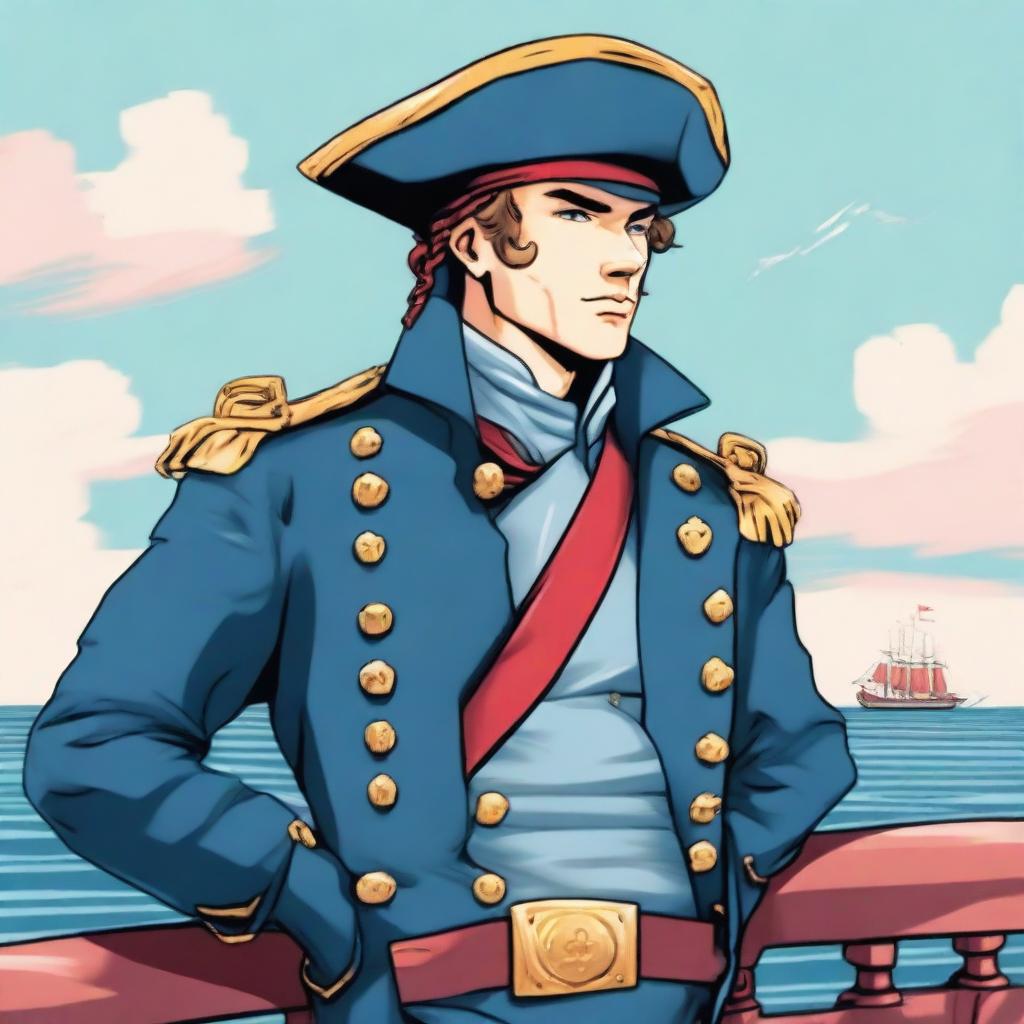 Illustration of a young captain at sea wearing a blue coat and a tricorne that are both trimmed with light red