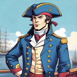 Illustration of a young captain at sea wearing a blue coat and a tricorne that are both trimmed with light red