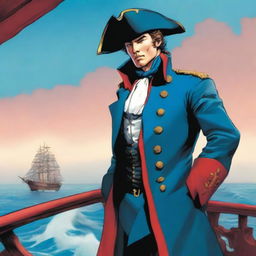 Illustration of a young captain at sea wearing a blue coat and a tricorne that are both trimmed with light red