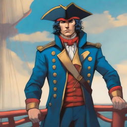 Illustration of a young captain at sea wearing a blue coat and a tricorne that are both trimmed with light red