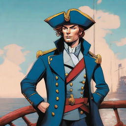 Illustration of a young captain at sea wearing a blue coat and a tricorne that are both trimmed with light red