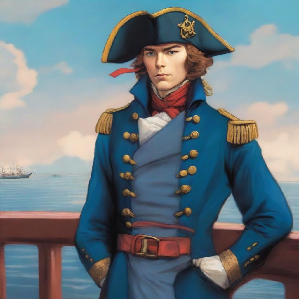 Illustration of a young captain at sea wearing a blue coat and a tricorne that are both trimmed with light red