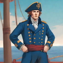 Illustration of a young captain at sea wearing a blue coat and a tricorne that are both trimmed with light red