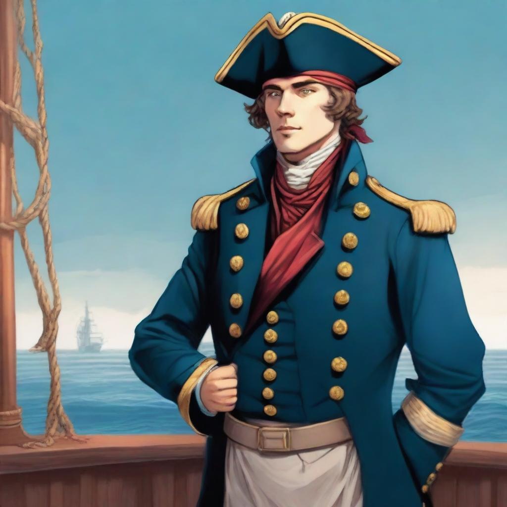 Illustration of a young captain at sea wearing a blue coat and a tricorne that are both trimmed with light red