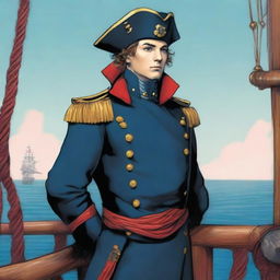 Illustration of a young captain at sea wearing a blue coat and a tricorne that are both trimmed with light red