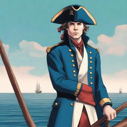 Illustration of a young captain at sea wearing a blue coat and a tricorne that are both trimmed with light red