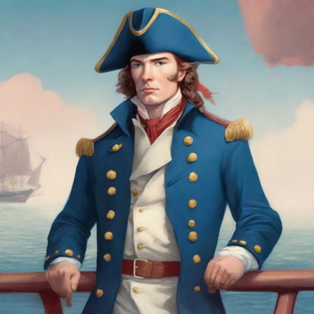 Illustration of a young captain at sea wearing a blue coat and a tricorne that are both trimmed with light red